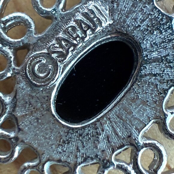 Silver-Tone Bracelet & Pendant Necklace Set With Black Oval Stones, Mourning - Picture 3 of 14